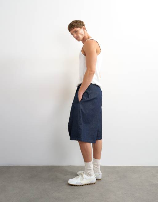 Topman vida denim bermudashorts med markerad veckning i rå denim, 3 av 5