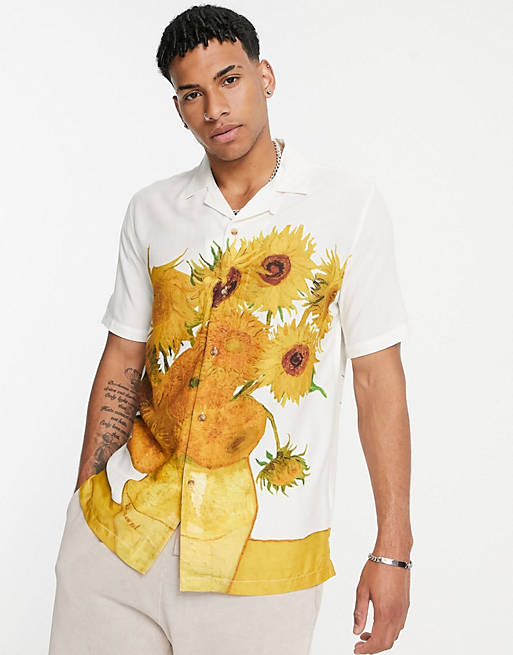 Topman Vincent van Gogh sunflower shirt print in ecru | ASOS
