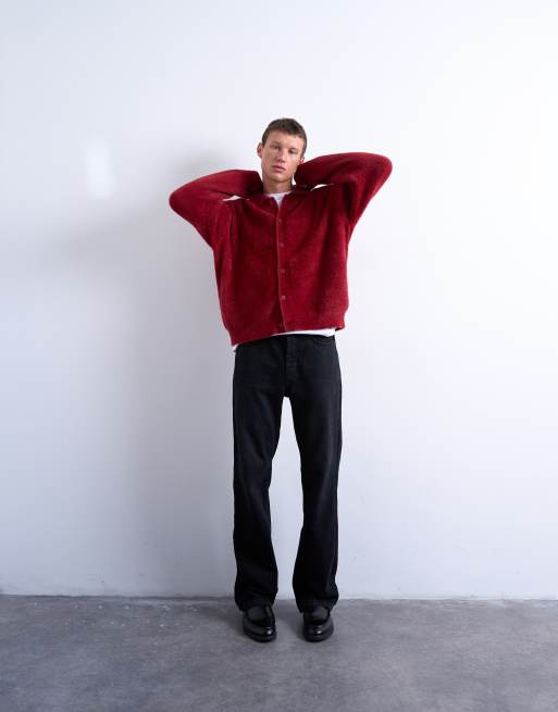 Topman – Vinröd, fluffig, stickad kofta, 2 av 5