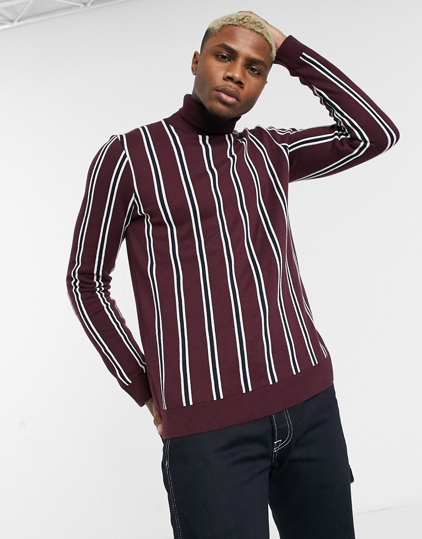 Topman – Vinröd, vertikalrandig tröja med polokrage