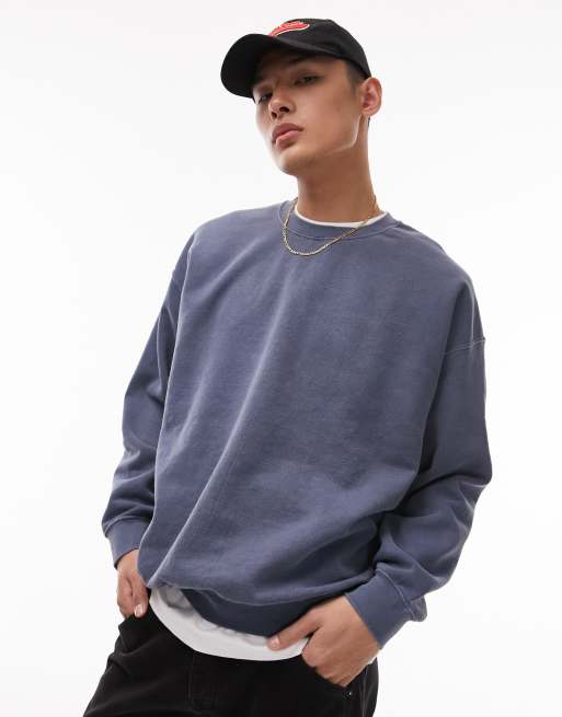 Topman – Vintage-Sweatshirt in verwaschenem Blau mit Rundhalsausschnitt und Oversize-Schnitt