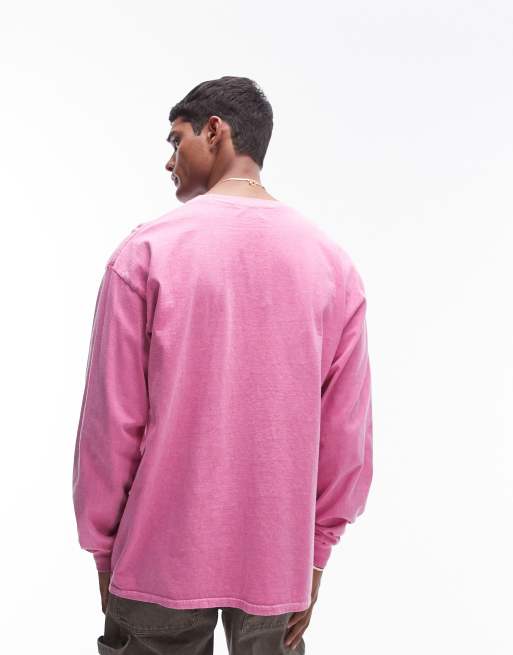 Topman vintage wash long sleeve t-shirt in bright pink, 3 of 4
