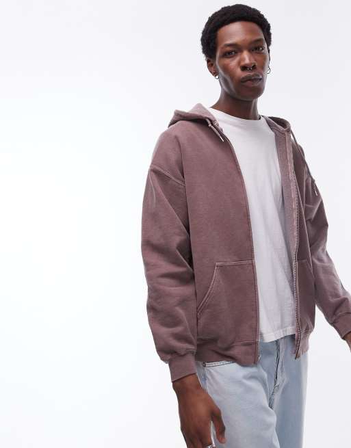 Topman vintage wash zip through hoodie in light brown ASOS