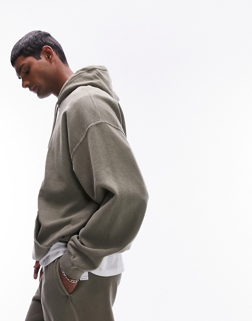vintage washed oversized hoodie in khaki-Green