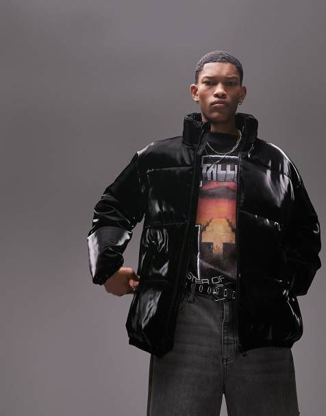 Topman vinyl puffer jacket in black - view 1