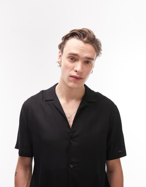 Topman - Viscose overhemd met korte mouwen en brede reverskraag in zwart - view 1