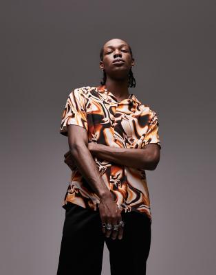 Topman viscose revere shirt in black and orange print
