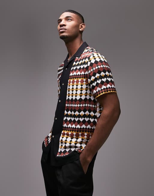 Topman viscose revere shirt in geo border print