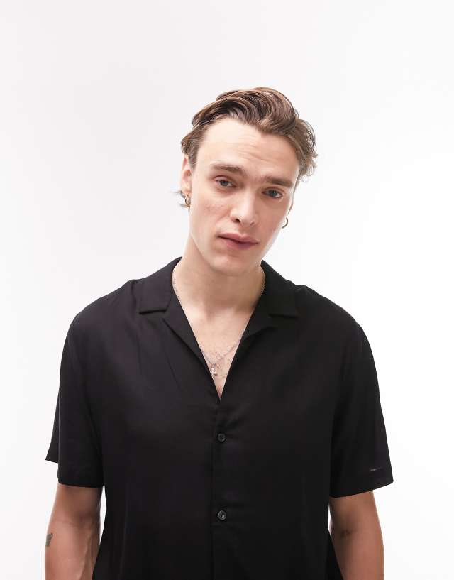 Topman viscose short sleeve deep revere shirt in black