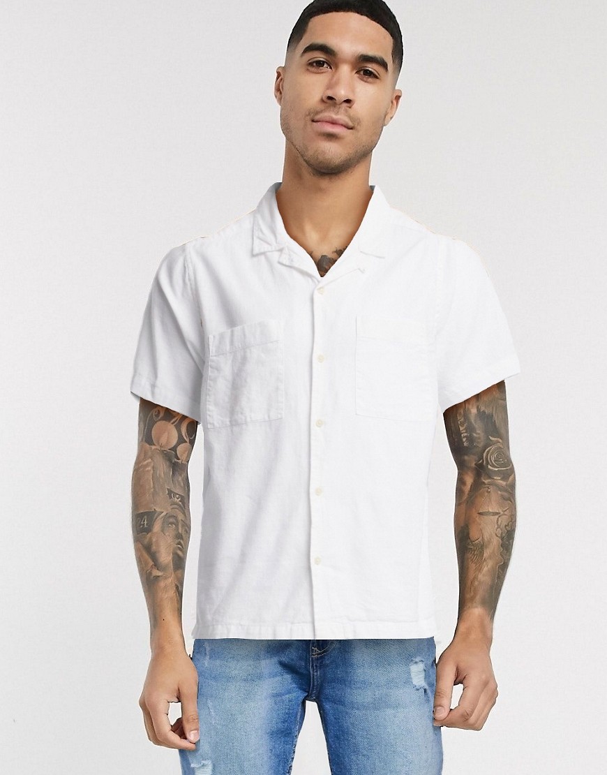 Topman – Vit, kortärmad linneskjorta med platt krage