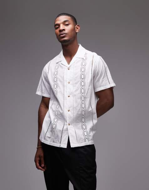 Topman – Vit kortärmad skjorta i broderie anglaise med resortkrage - view 1
