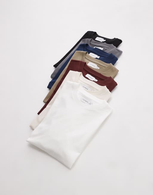 Topman – Vit, naturvit, kakigrön, mörkgrå, svart, brun och marinblå t-shirt i regular fit, 7-pack