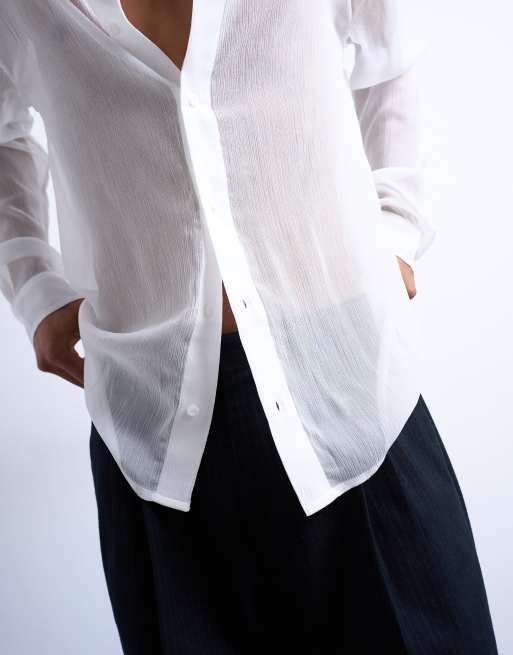 Topman – Vit, skir skjorta med krinklad textur och passformen relaxed fit., 5 av 5