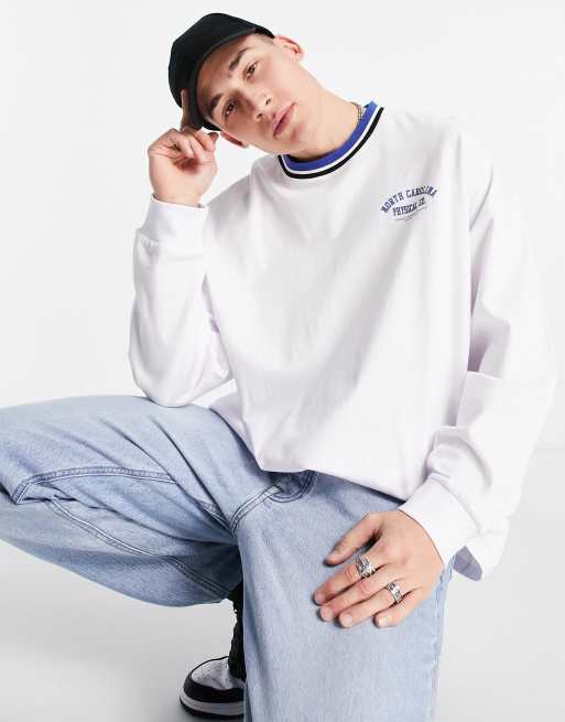 Topman – Vit t-shirt i extrem oversize med långa ärmar och randig krage 