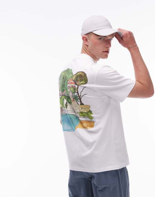 Topman – Vit t-shirt i oversize med akvarellmålat rivieratryck fram- och baktill, 3 av 5
