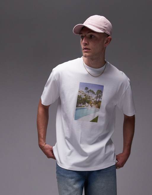 Topman – Vit t-shirt i oversize med poolfoto