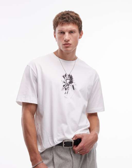 Topman – Vit t-shirt med avslappnad passform och skannat blomtryck fram- och baktill, 2 av 4