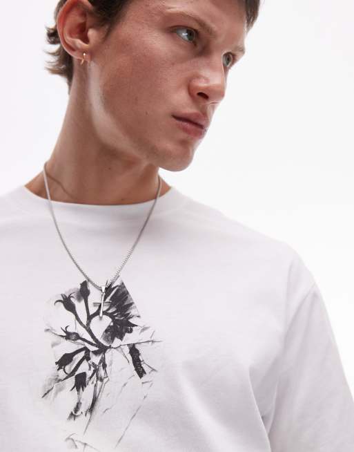 Topman – Vit t-shirt med avslappnad passform och skannat blomtryck fram- och baktill, 3 av 4