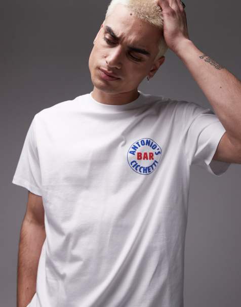 Topman – Vit t-shirt med upphöjt "Antonio's Bar"-tryck - view 1