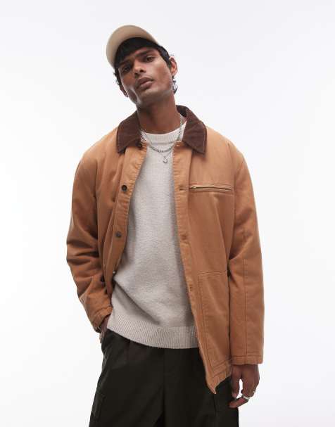 Topman wadded worker jacket in beige with contrast collar - view 1
