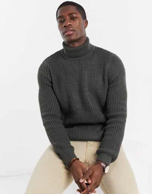 Topman waffle roll neck sweater in charcoal gray