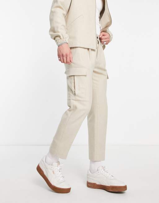 Topman - Warm aanvoelende cargobroek met toelopende pijpen in ecru, deel van co-ord set