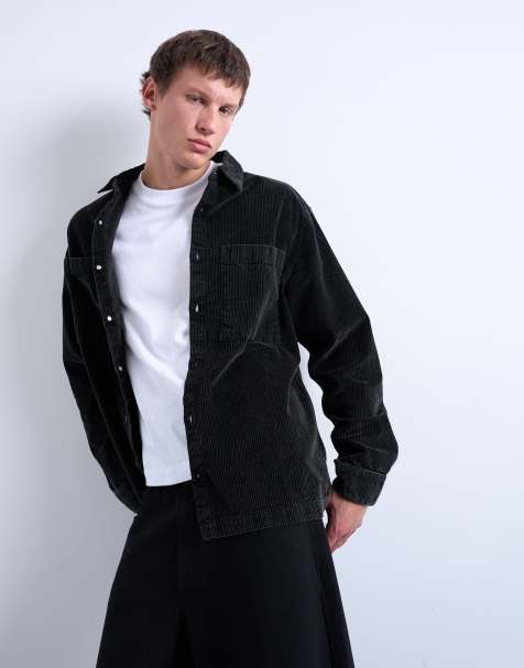 Topman washed cord overshirt in black - view 1