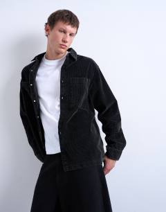 Washed cord overshirt in black