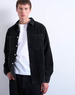 Model wearing Washed cord overshirt in black