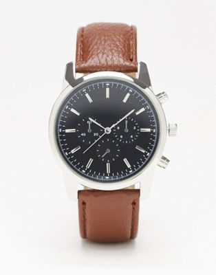 Topman watch with leather strap in brown