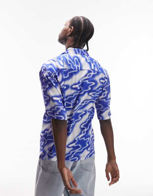 Topman wave print camp collar shirt in blue and white ASOS