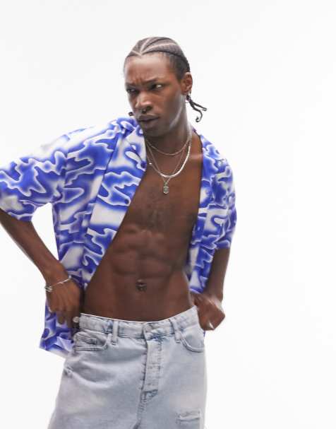 Topman wave print revere shirt in blue and white - view 1