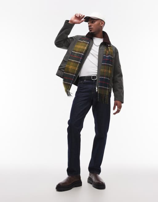 Topman wax look jacket with cord collar in green