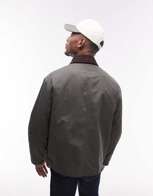 Topman wax look jacket with cord collar in green