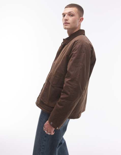 Topman wax look jacket with faux fur collar in brown - view 1