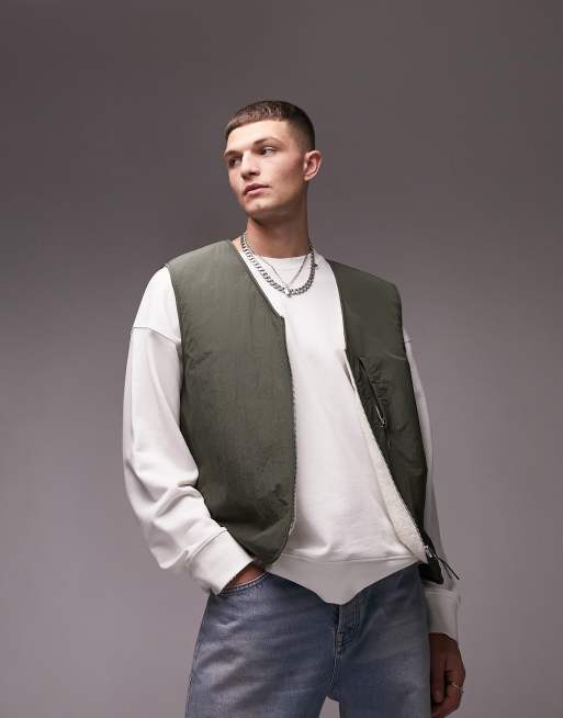 Topman – Weste mit Teddystoff-Futter in Khaki
