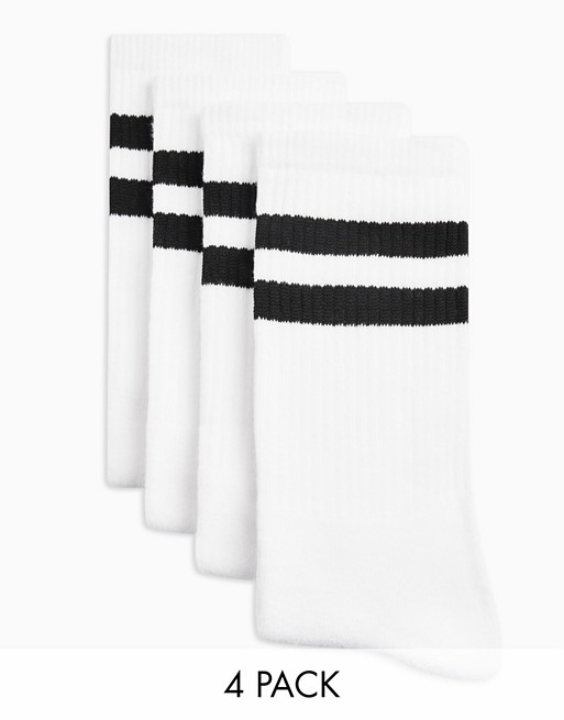 Topman 4 pack stripe tube socks in white with black