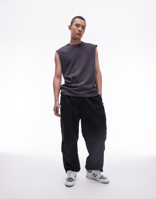 Topman wide cargo pants in black