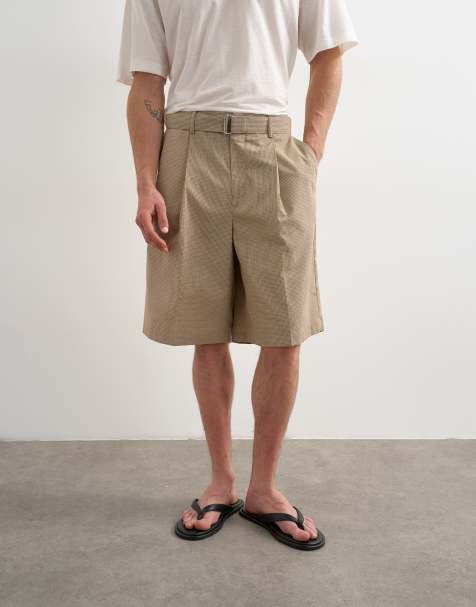Topman wide leg belted check short in neutral - view 1