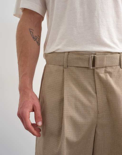 Topman wide leg belted check short in neutral, 3 of 5