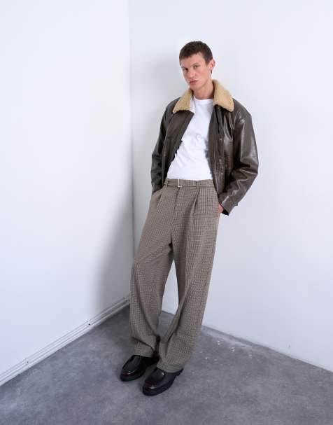 Topman wide leg belted houndstooth pants in brown - view 1