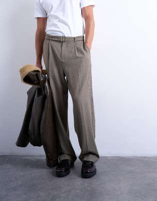 Topman Wide Leg Belted Houndstooth Pants In Brown