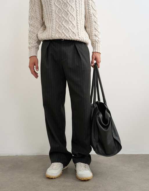 Topman wide leg belted pinstripe pant with pleats in grey, 5 of 5