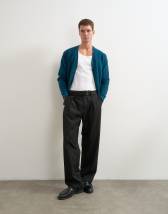 Topman wide leg belted pinstripe trouser with pleats in black