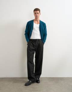 Wide leg belted pinstripe trouser with pleats in black
