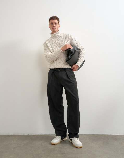 Topman wide leg belted pinstripe trouser with pleats in grey - view 1