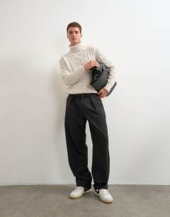Wide leg belted pinstripe trouser with pleats in grey