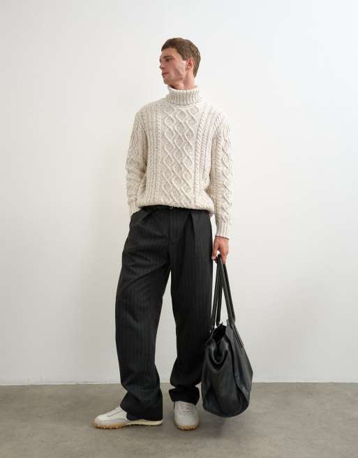 Topman wide leg belted pinstripe trouser with pleats in grey, 3 of 5