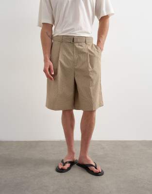 Topman Wide Leg Belted Plaid Shorts In Neutral