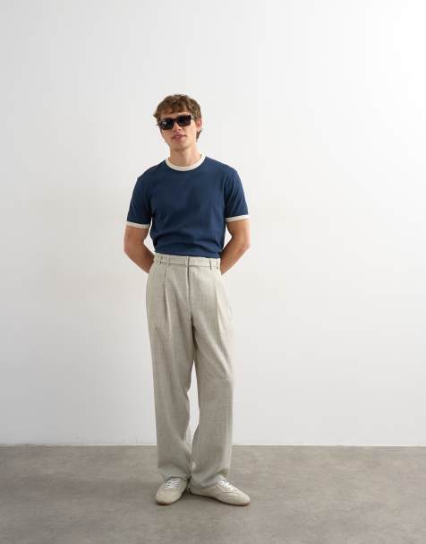 Topman wide leg belted textured trouser in stone - view 1